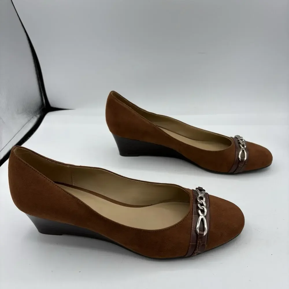 Naturalizer Heels Womens Size‎ 10 Poppy Brown Wedge Brown Suede Silver Chain